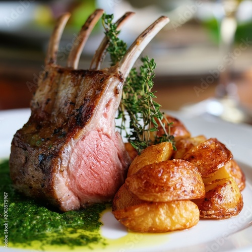 Juicy Lamb Chops Served With Roasted Potatoes and Sauce on White Plate