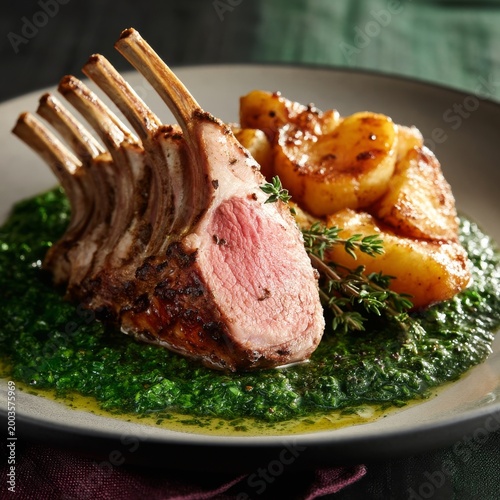Delicious Lamb Rack Served on a Bed of Sauce and Roasted Potatoes in a Restau...