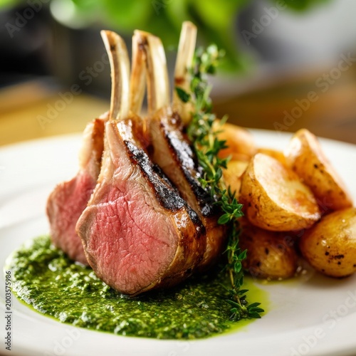 Delicious Lamb Rack Served on a Bed of Sauce and Roasted Potatoes in a Restau...