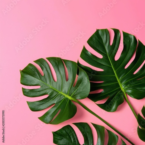 Monstera Leaves on Pink Background With Natural Shadows and Bright Colors in ...