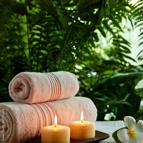 Relaxation Setup With Towels, Candles, and a Flower in a Green Setting