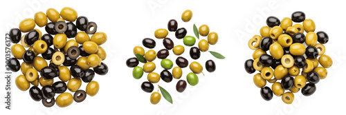 Foto Set and collection of various green and black olives isolated on white transpare