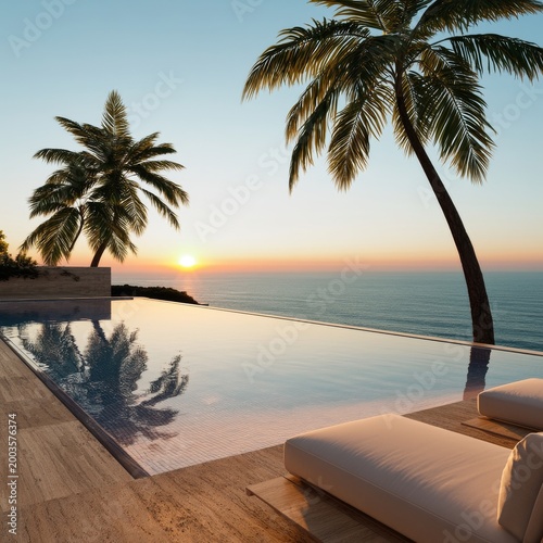 Sunset Over the Ocean With Palm Trees and Infinity Pool at a Tropical Location
