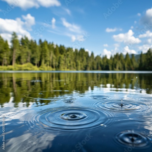 Raindrops Create Ripples on Calm Water in a Wooded Area During a Sunny Day