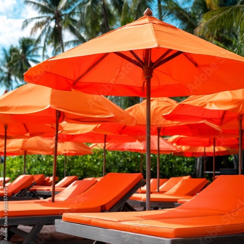 Orange Beach Chairs and Umbrellas Lined up on a Sunny Beach During the Day Ne...