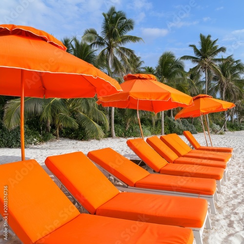 Bright Beach Scene With Orange Loungers and Umbrellas on Sandy Shore Under Bl...