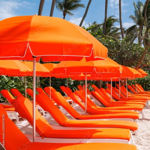 Bright Beach Scene With Orange Loungers and Umbrellas on Sandy Shore Under Bl...