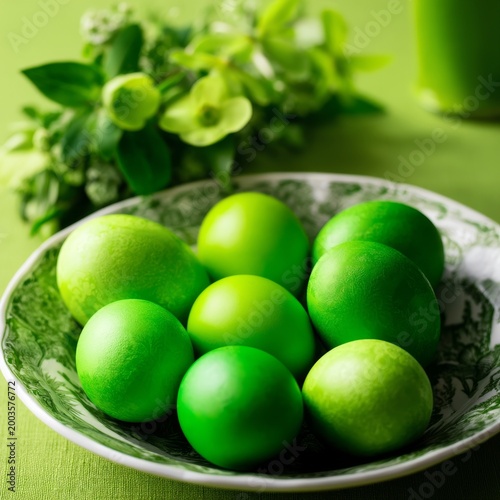 Bright Green Eggs and White Flowers on a Plate With a Floral Design