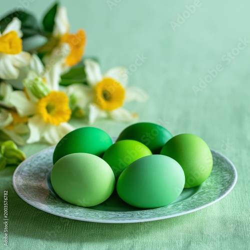 Colorful Green Eggs on a Plate With Flowers on a Table in Spring