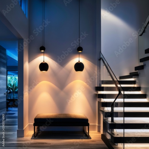 Stylish Stairwell With Modern Lighting in a Residential Space During Evening ...