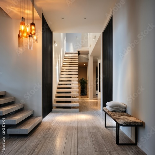 Stylish Stairwell With Modern Lighting in a Residential Space During Evening ...