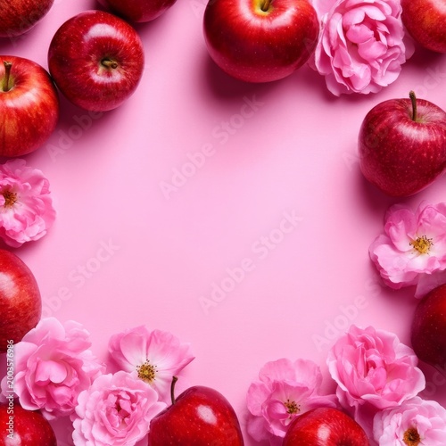 Red Apples and Pink Flowers Arranged on Pink Background Creating a Circle Dec...
