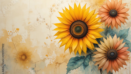 Hand painted colorful sunflower artwork with soft brush strokes and elegant background