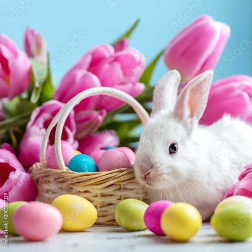 Easter Celebration With a Bunny and Colorful Eggs Near Flowers in a Bright Se...