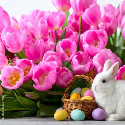 White Rabbit Sits by a Basket of Colored Eggs Near Pink Tulips in a Spring Ga...