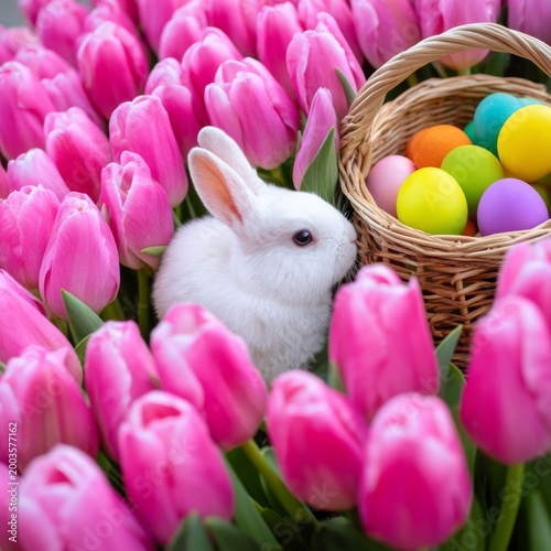White Rabbit Sits by a Basket of Colored Eggs Near Pink Tulips in a Spring Ga...