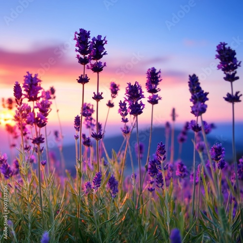 Lavender Blooms Stand Tall Under a Vibrant Sunset Sky in a Rural Landscape