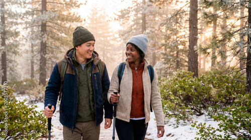 Happy diverse couple hike through a serene snowy forest path during a golden winter morning