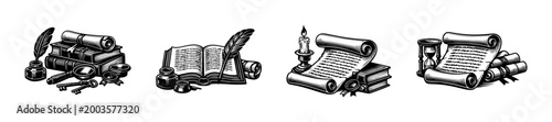 Tableau sur toile Vintage literature and writing elements, quill, scroll, book, candle, black and