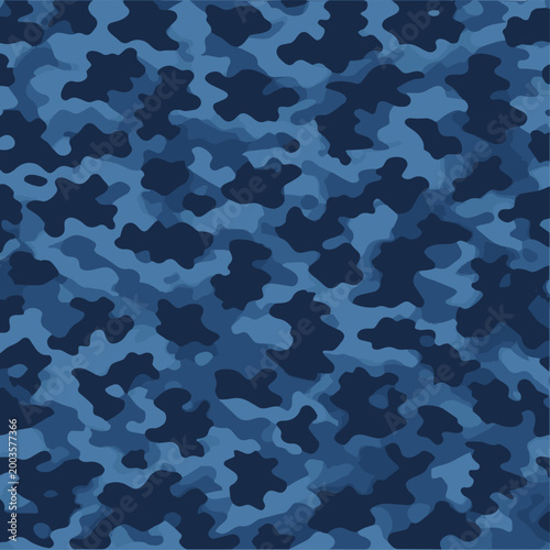 Seamless Navy Blue Camouflage Pattern, Military Tactical Camo Background for Modern Streetwear Apparel, Azure Urban Camo Texture for Fabric Printing, Gaming Backdrop and Digital Web Graphics Vector
