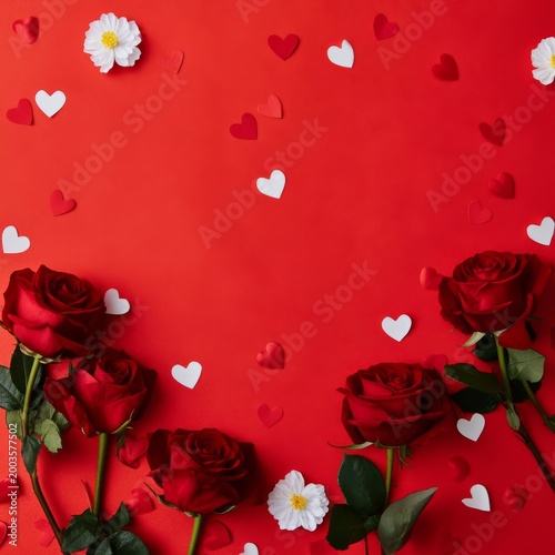Colorful Roses and Paper Hearts on Red Background for Celebration or Event De...
