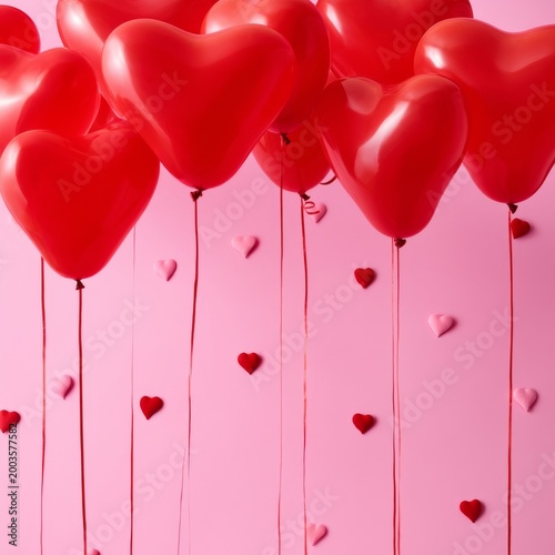 Red Heart Balloons Float Above Pink Background With Colorful Confetti Below