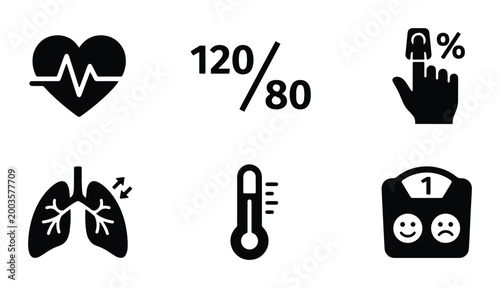 Medical health vitals icon set, black solid glyph symbols for blood pressure and heart rate, 6 vector elements for healthcare monitoring apps