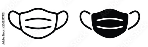Medical face mask icons set, protective surgical mask vector symbols, black and white safety breathing mask illustrations for healthcare and hygiene