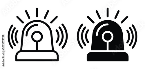 Emergency siren icons in outline and glyph styles, flashing police light symbols, warning alarm signal vector set for security and safety alerts