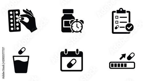 Medical pill and medication icon set, black solid pharmacy symbols, healthcare prescription and drug dosage vector icons for apps