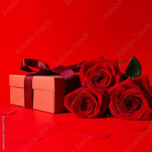 Gift Box and Red Roses With Heart Shapes on Red Background for Special Occasi...