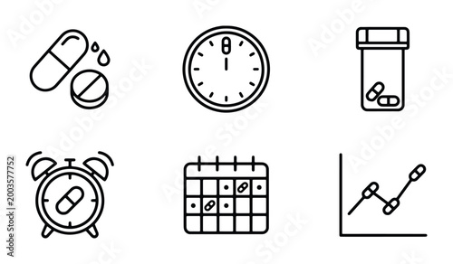 Medical pill and medication schedule icons, 6 outline vector elements for healthcare tracking, pharmacy prescription and drug dosage symbols