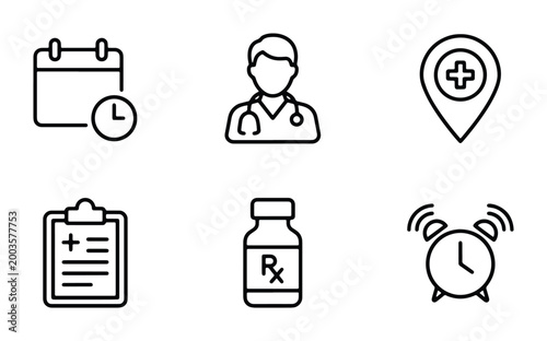 Medical line icon set of 6 vector elements, healthcare symbols including doctor avatar and prescription bottle, clinical appointment and pharmacy icons