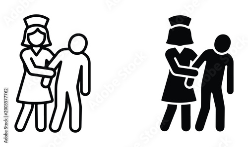 Nurse helping patient icon set, medical assistant supporting elderly person vector, healthcare worker and disabled man silhouette and line art