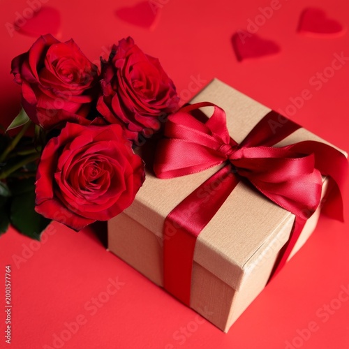 Gift Box and Red Roses on a Bright Surface With Hearts in the Background