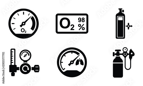 Medical oxygen equipment icons, 6 black vector symbols of O2 tanks and pressure gauges, respiratory therapy and breathing support elements