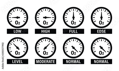 Oxygen sensor gauge icons set, black and white O2 level meter vector collection, industrial gas pressure indicators for technical manuals