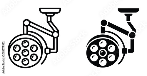 Surgical light vector icons, medical operating room lamp symbols, hospital theater lighting equipment, black and white clinical surgery lamp set