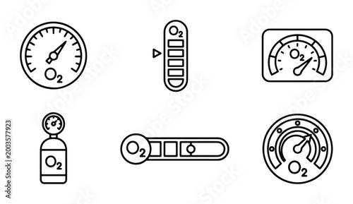Oxygen sensor line icon set, medical O2 gas tank and pressure gauge vector icons, industrial oxygen level meter and regulator symbols