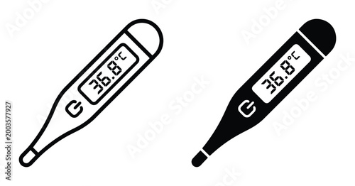 Digital medical thermometer icons, electronic body temperature measurement tools, black and white clinical fever check symbols for healthcare apps