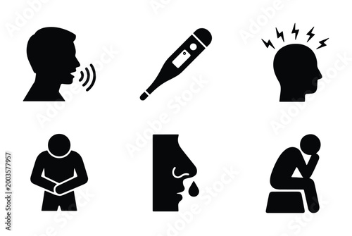 Medical illness symptoms icon set, black flat vector silhouettes of flu and cold signs, headache and fever thermometer graphics for healthcare