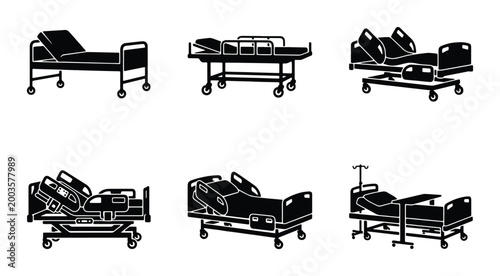 Hospital bed icons set, medical clinic furniture collection, adjustable patient gurney and stretcher silhouettes, 6 vector healthcare equipment symbols