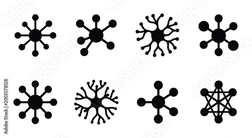Abstract molecular connection icons, set of 8 black network symbols, biological cell and neuron structure vectors for science and technology branding