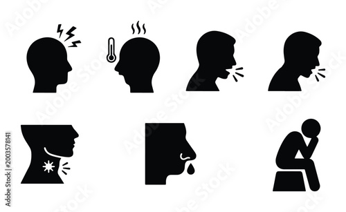 Medical flu symptoms icon set, black silhouette illness signs for sickness and disease, 8 vector icons for fever headache and cough