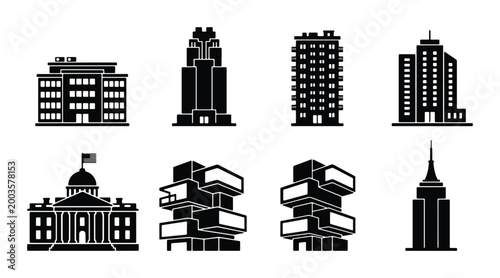 Modern architecture building icons set, 8 black silhouette skyscraper and government office vector elements, urban city real estate symbols