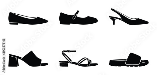 Minimalist women's shoe icons set, black silhouette footwear collection, 6 vector fashion accessories including heels and flats for retail design