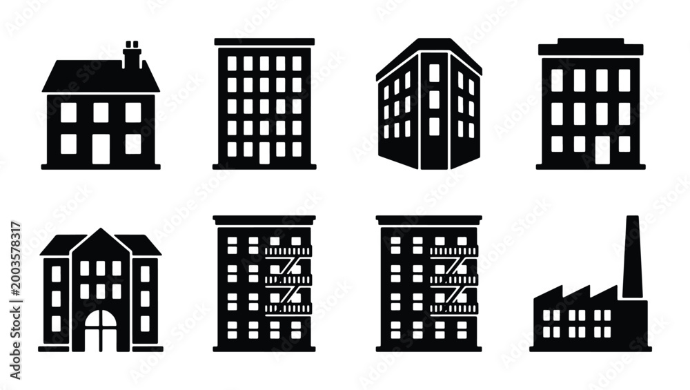 Fototapeta premium Minimalist building icon set, black silhouette city architecture vectors, 8 urban residential and industrial property symbols for real estate maps