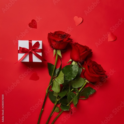 Roses and Gift Box on Red Background for Special Occasion Celebration