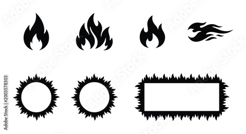 Black fire flame icons and flaming border set, 7 vector elements, silhouette bonfire symbols and burning frames for hot sale banners