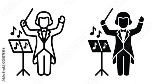Orchestra conductor icons in line and silhouette styles, classical music director with baton and music stand, symphony maestro vector set